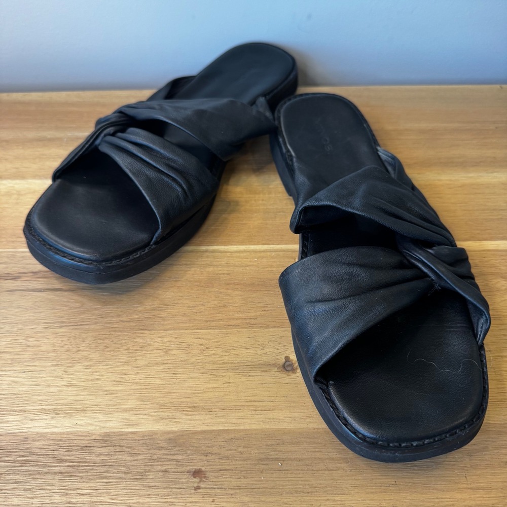Vince Women 9.5 M EU 39.5 Black Leather Twisted Knot Slide Flat Sandals Designer